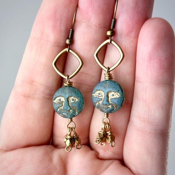 Blue Czech Glass Moon Face w/Brass Dangles, Handmade Artisan Celestial Earrings - Picture 12 of 12